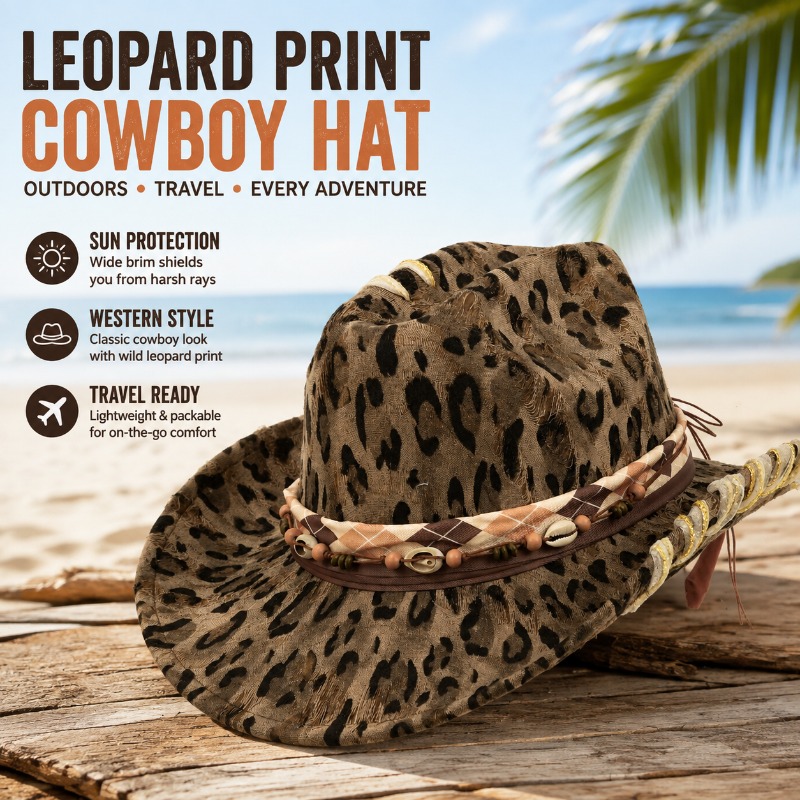 Cowboy Hat Straw - Leopar Desenli Batı Kovboy Şapkası Açık